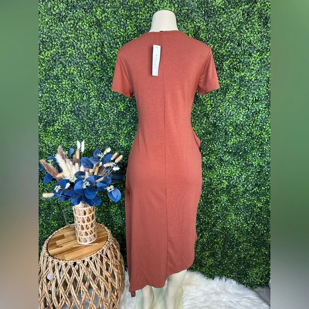 Nwt Chocolate brown ribbed asymmetrical faux‎  Dress